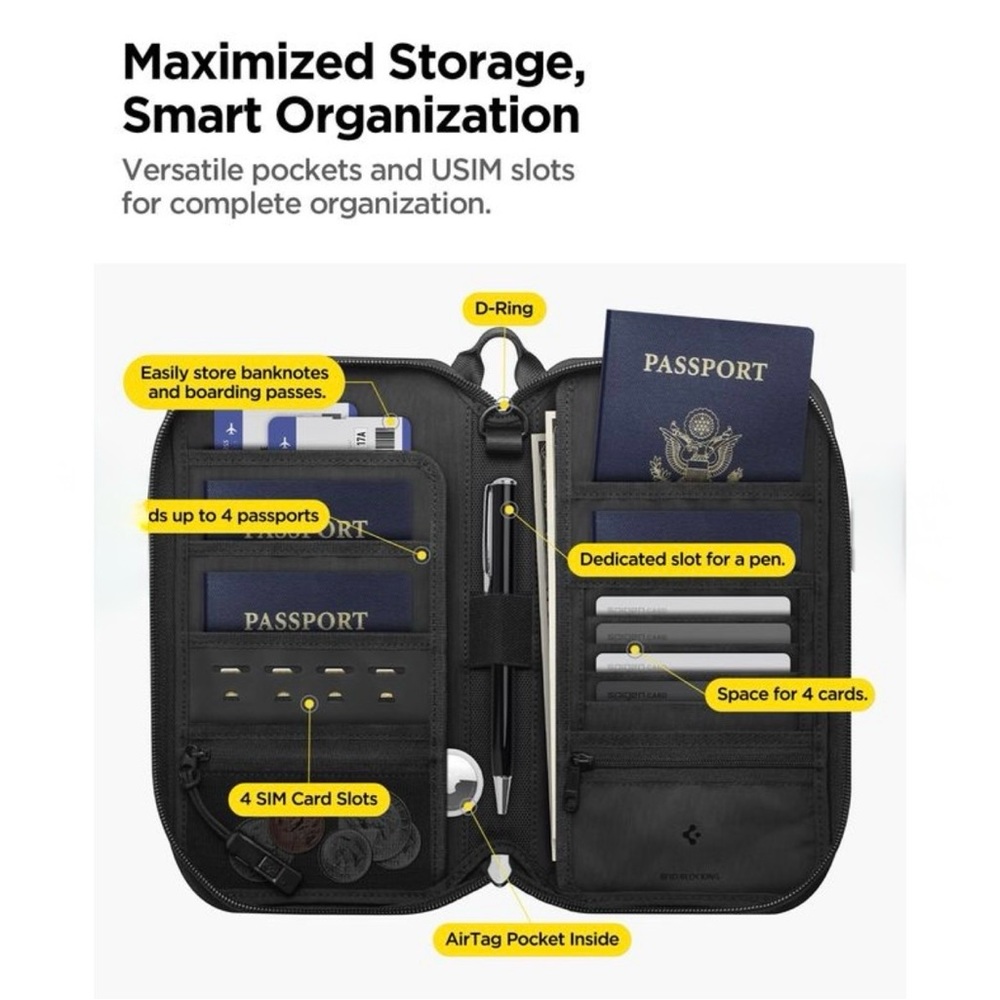Spinen Life Black Travel Organizer Pouch - Zip Closure with RDIF Protection